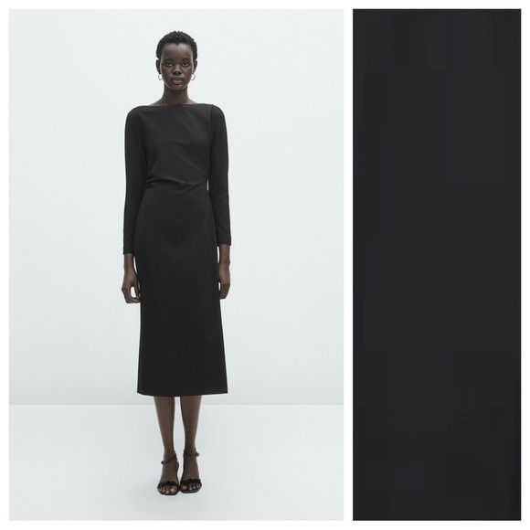 NWT. Massimo Dutti Black Wool Blend Midi Dress with Gathered Side. Size S. - Picture 1 of 11